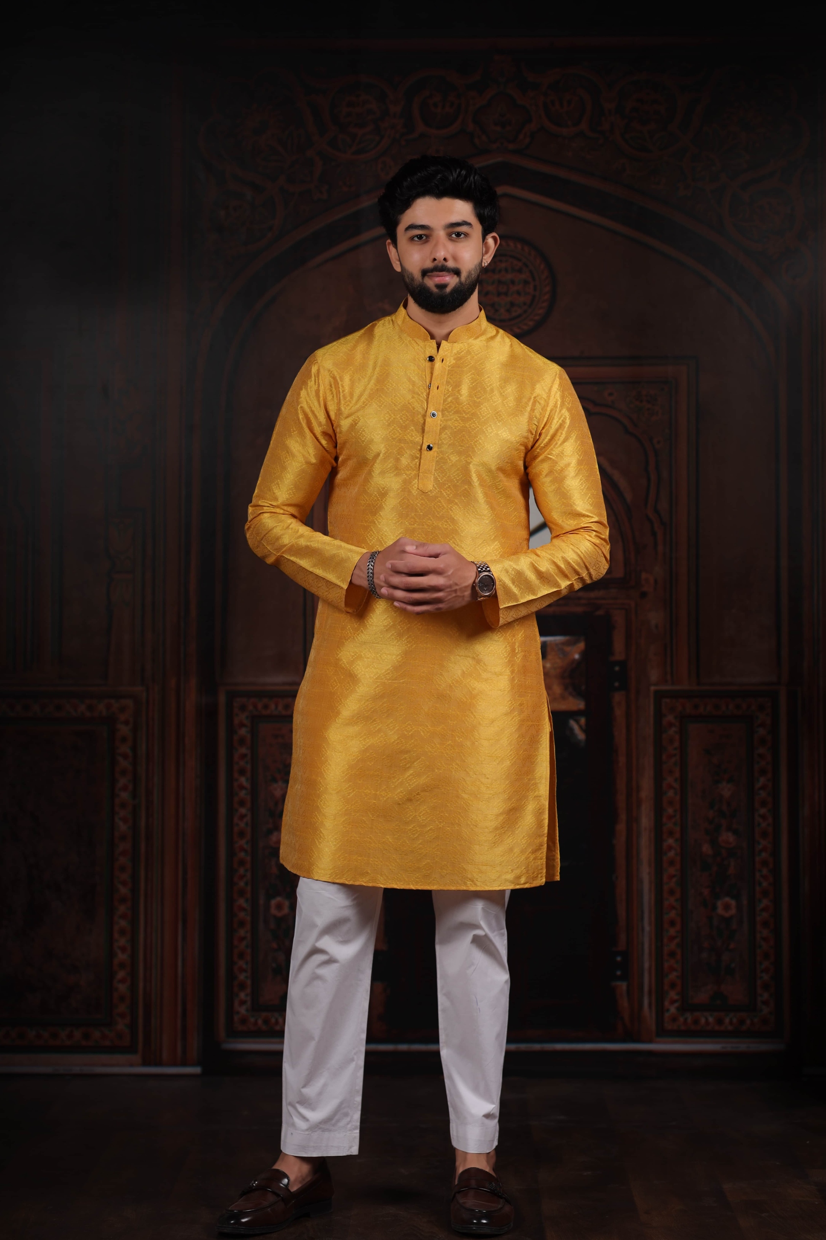 Yellow Woven Pattern Art Silk Kurta Pyjama