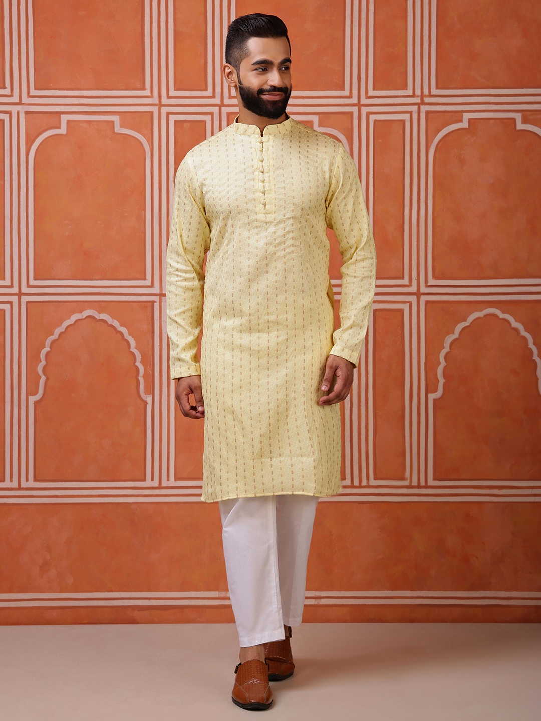 Yellow Woven Silk Blend Butti Kurta Pyjama