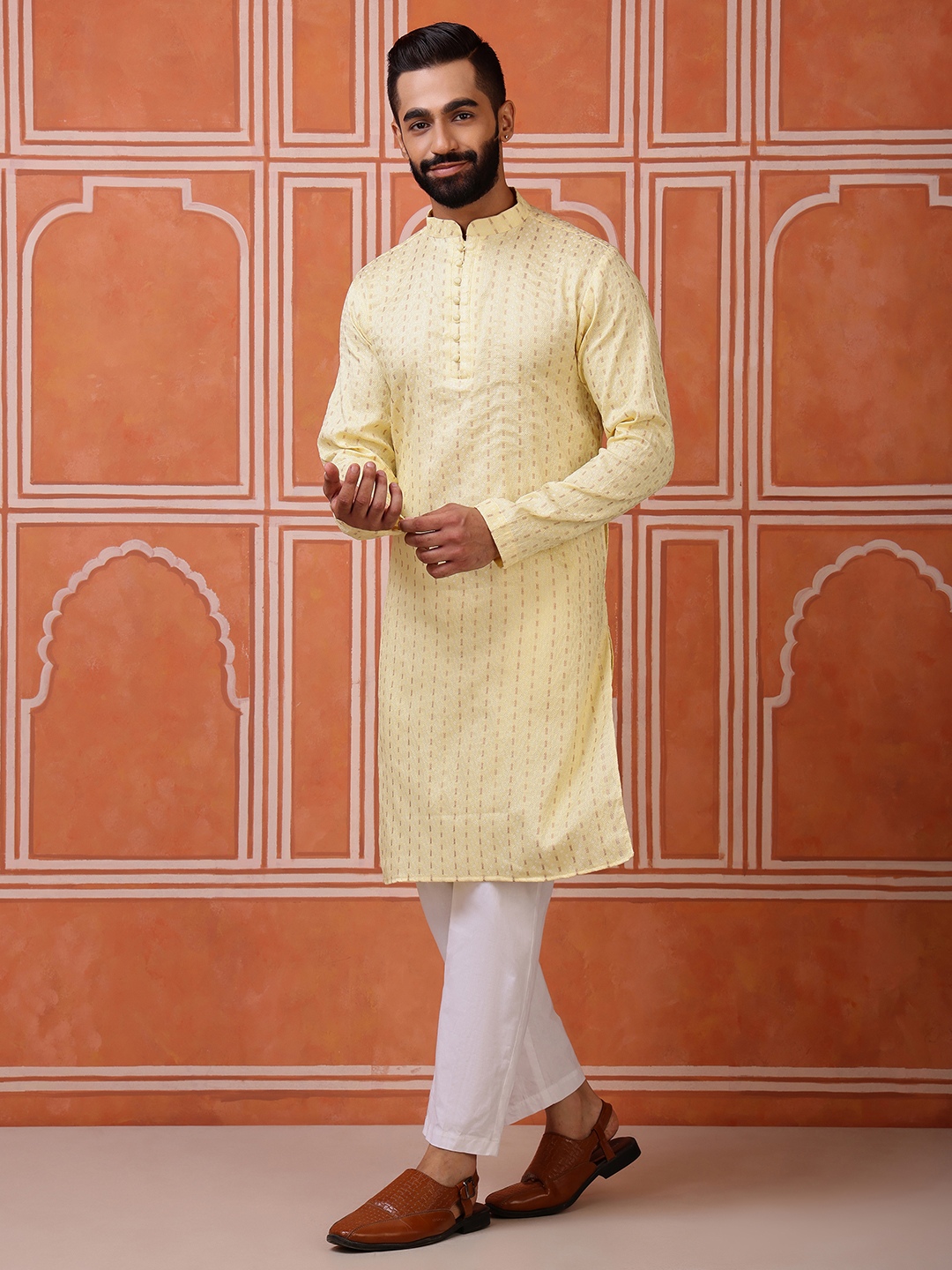 Yellow Woven Silk Blend Butti Kurta Pyjama
