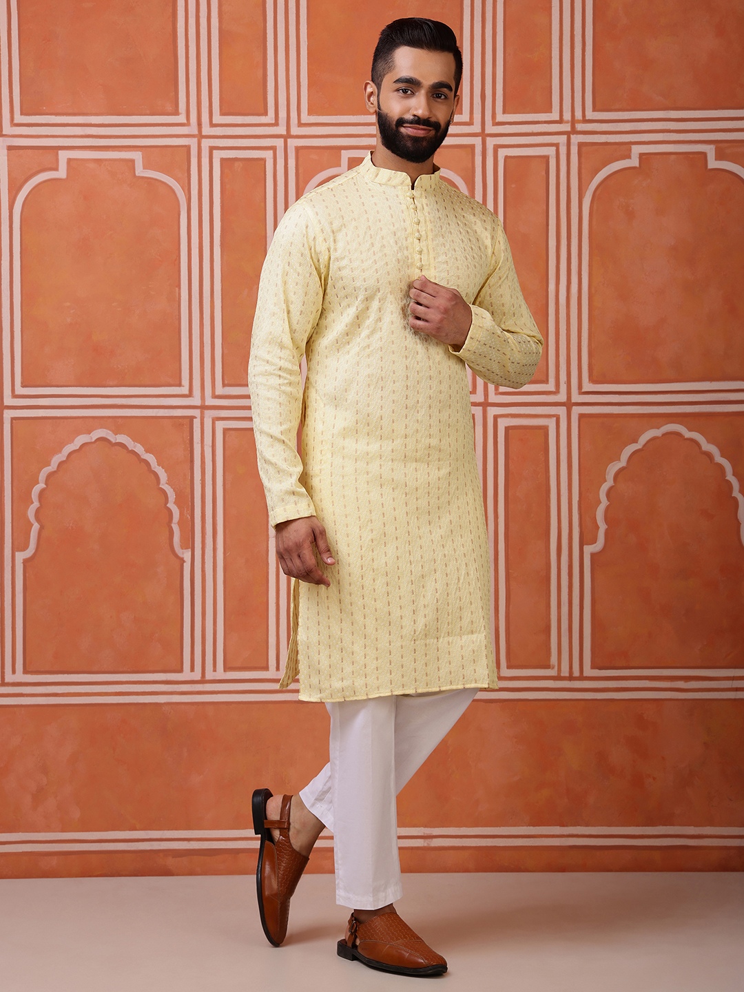 Yellow Woven Silk Blend Butti Kurta Pyjama