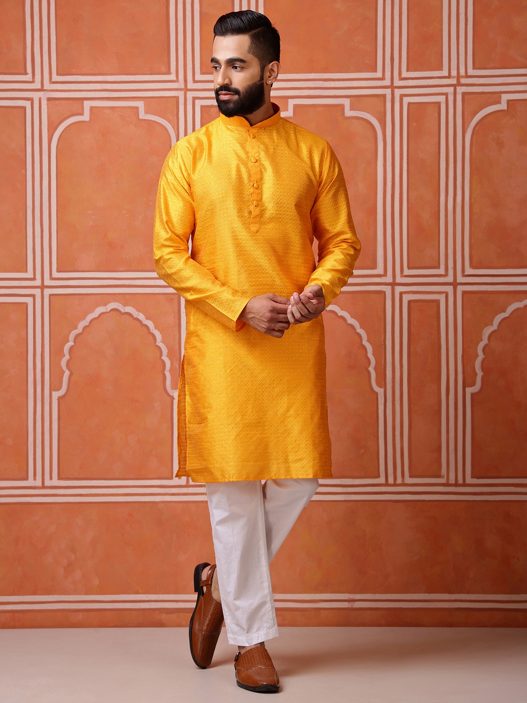 Yellow Woven Silk Blend Kurta Pyjama