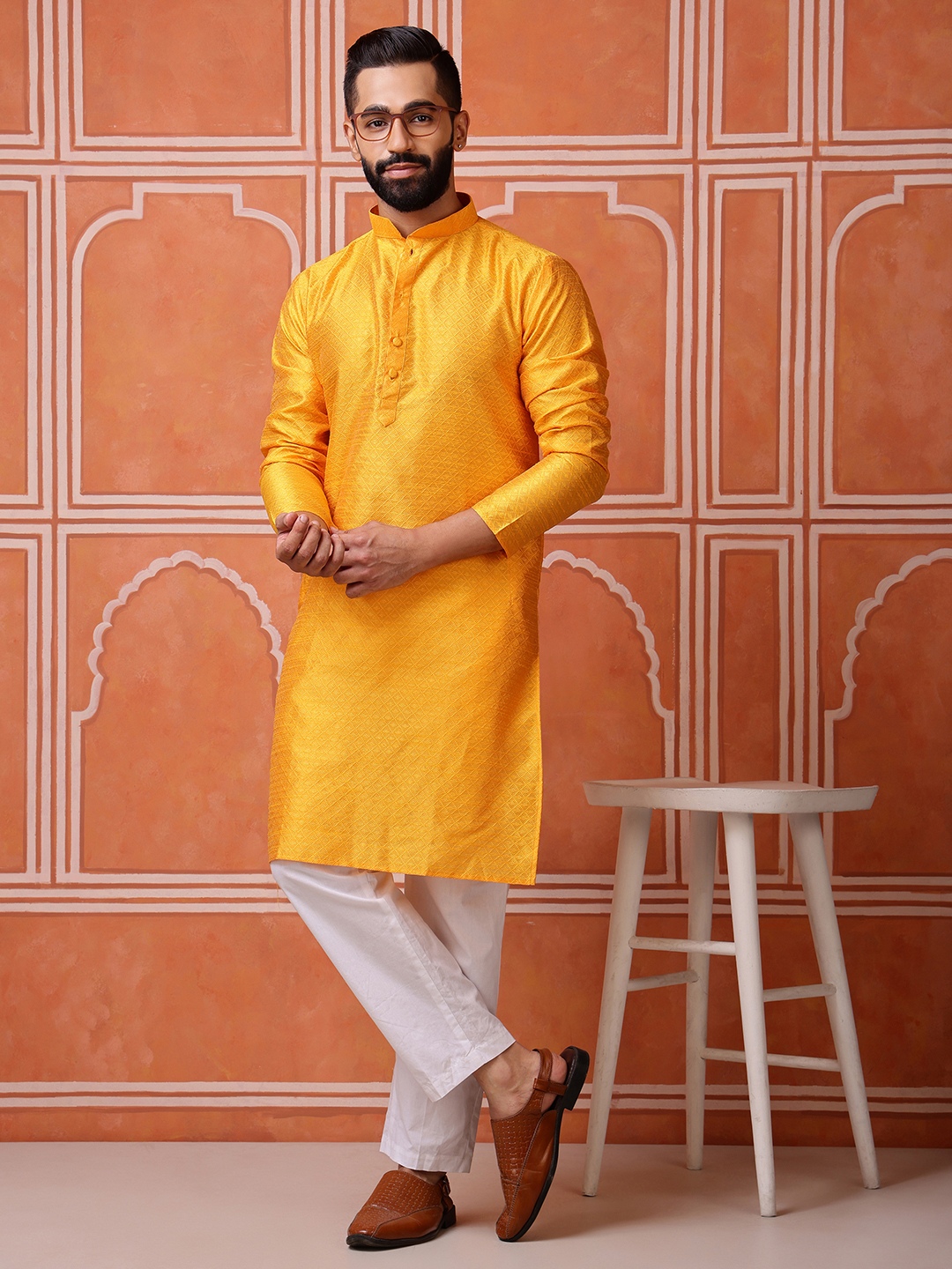 Yellow Woven Silk Blend Kurta Pyjama