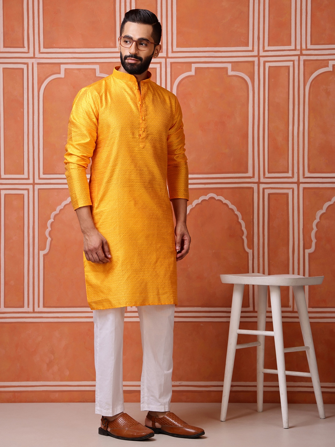 Yellow Woven Silk Blend Kurta Pyjama
