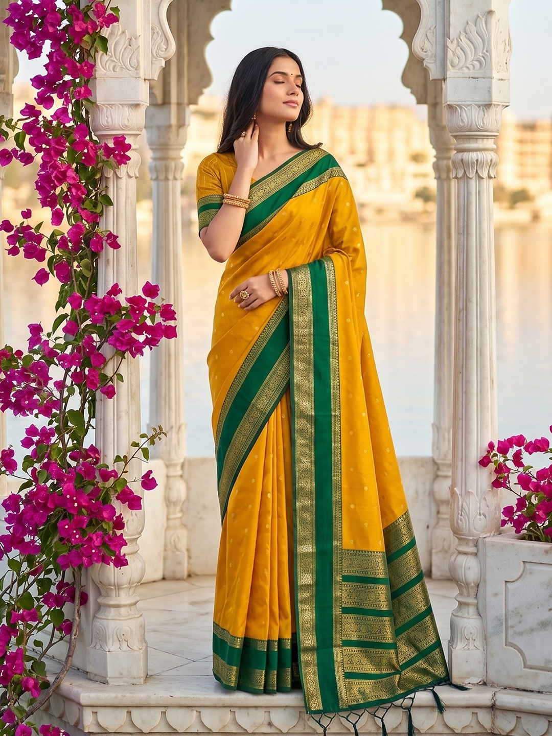Yellow Woven Zari Silk Blend Saree