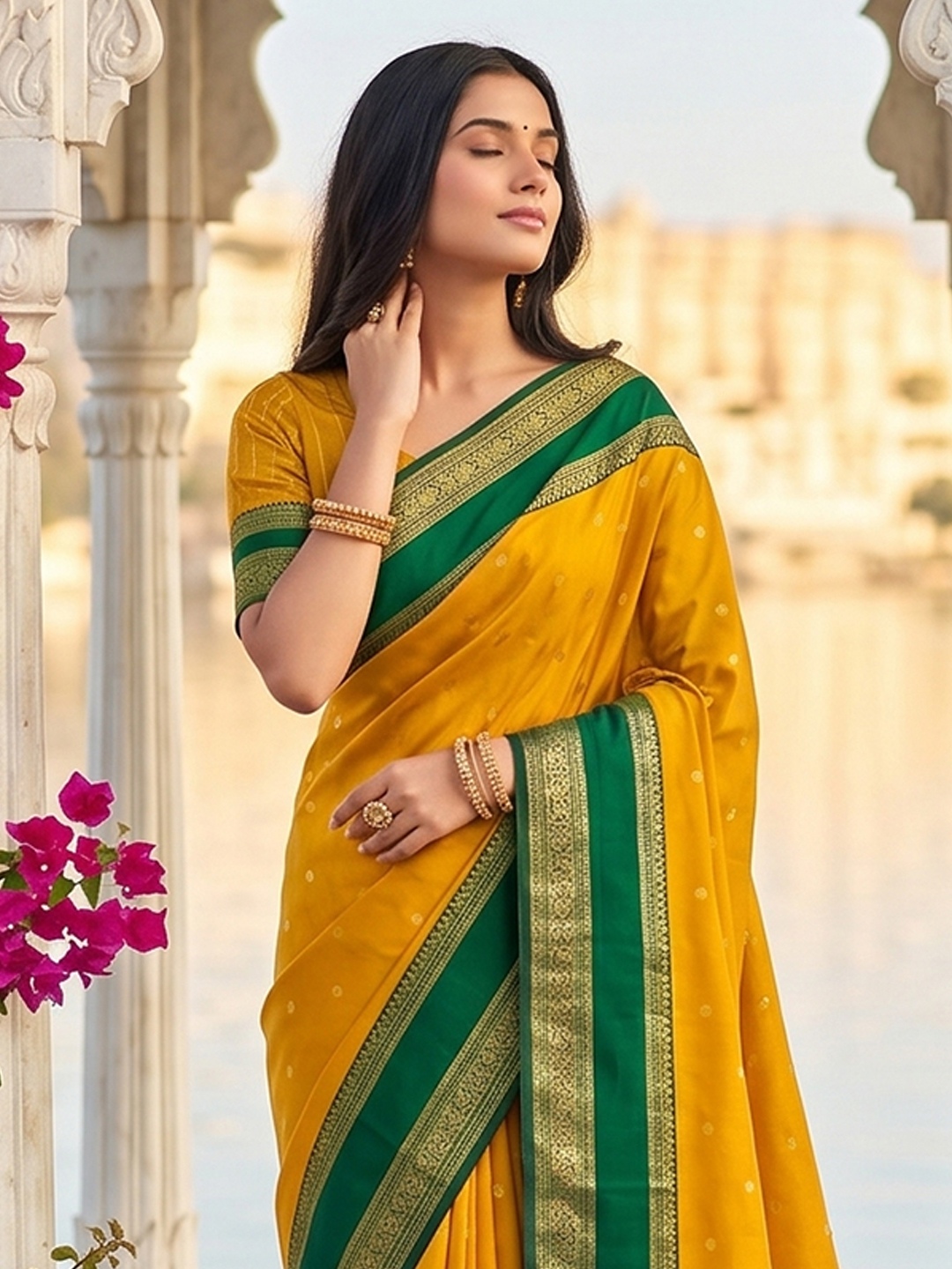 Yellow Woven Zari Silk Blend Saree