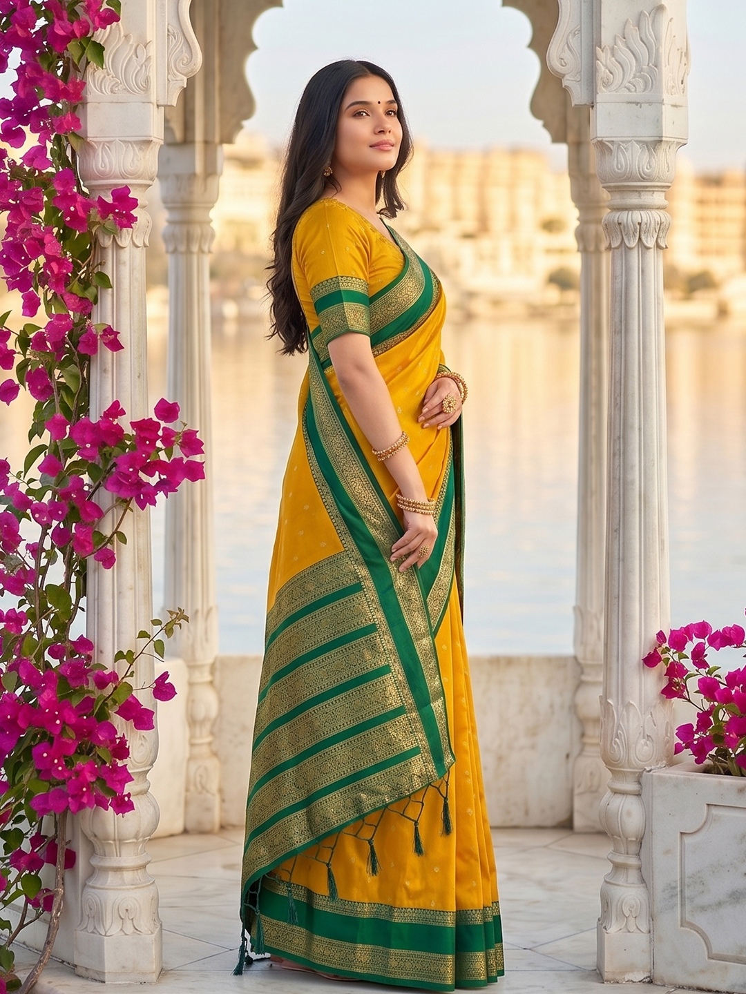 Yellow Woven Zari Silk Blend Saree
