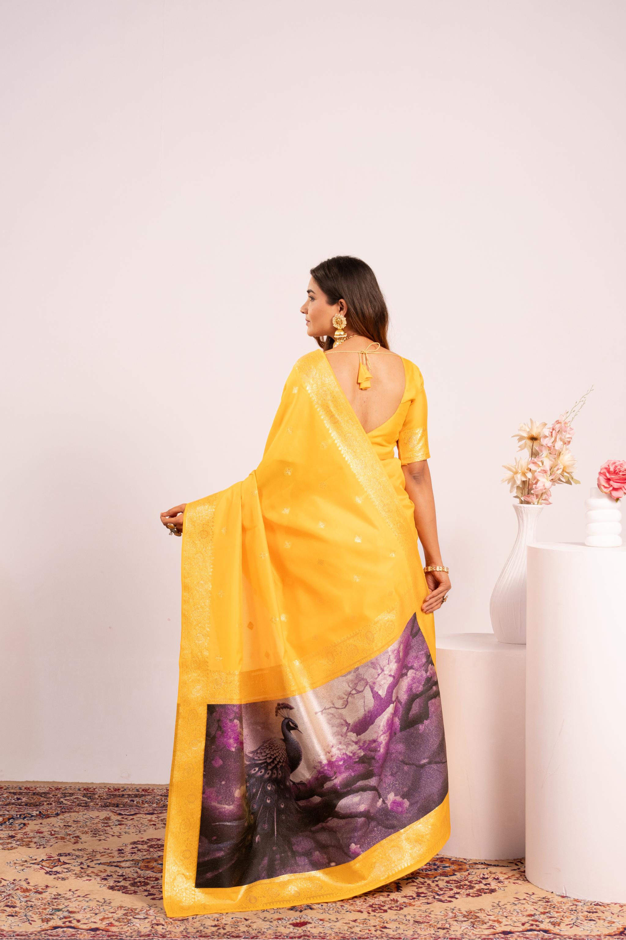 Yellow Zari Resham Designer Banarasi Silk Saree — alternate view