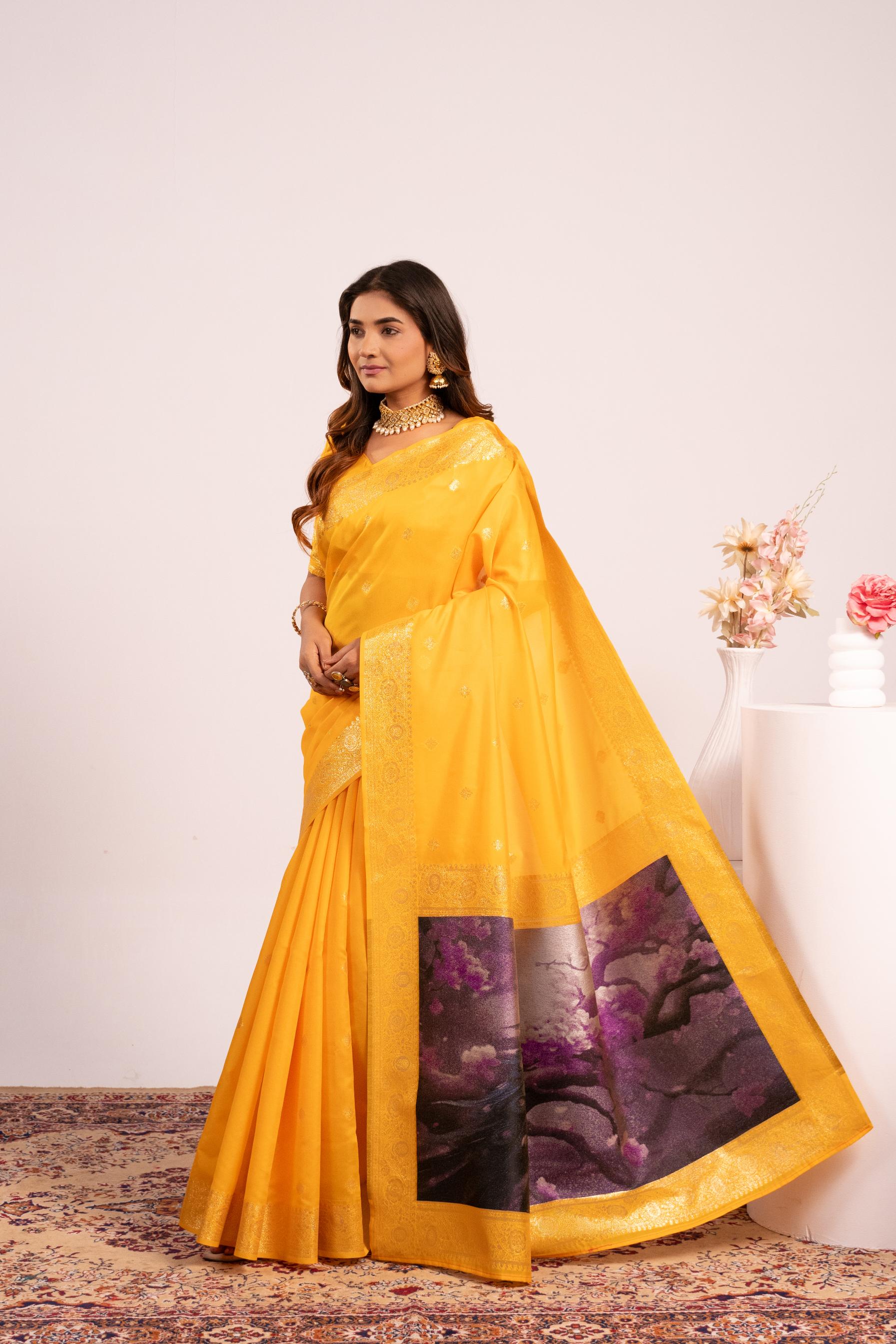 Yellow Zari Resham Designer Banarasi Silk Saree