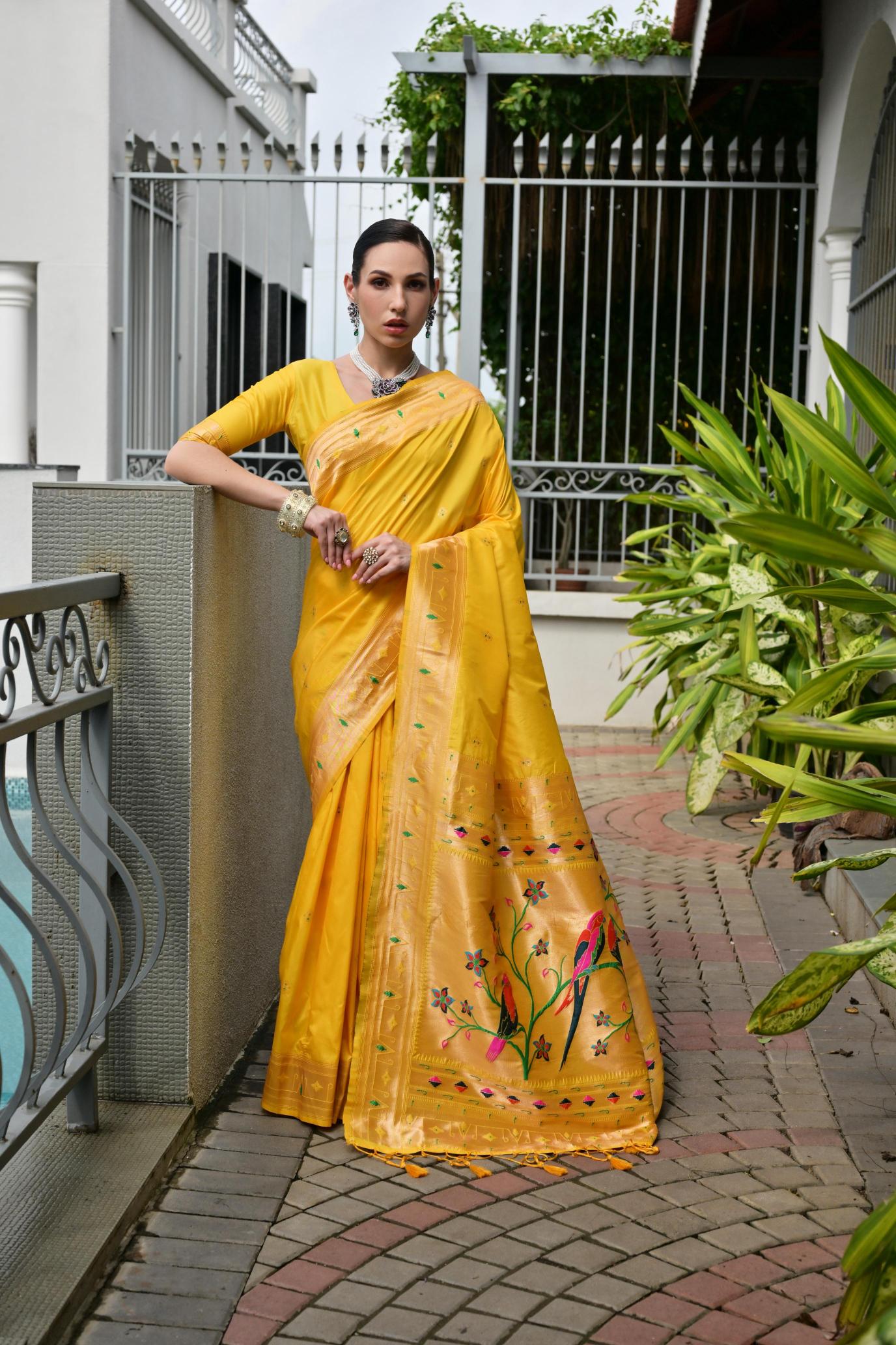 Yellow Zari Woven Meenakari Designer Banarasi Silk Saree