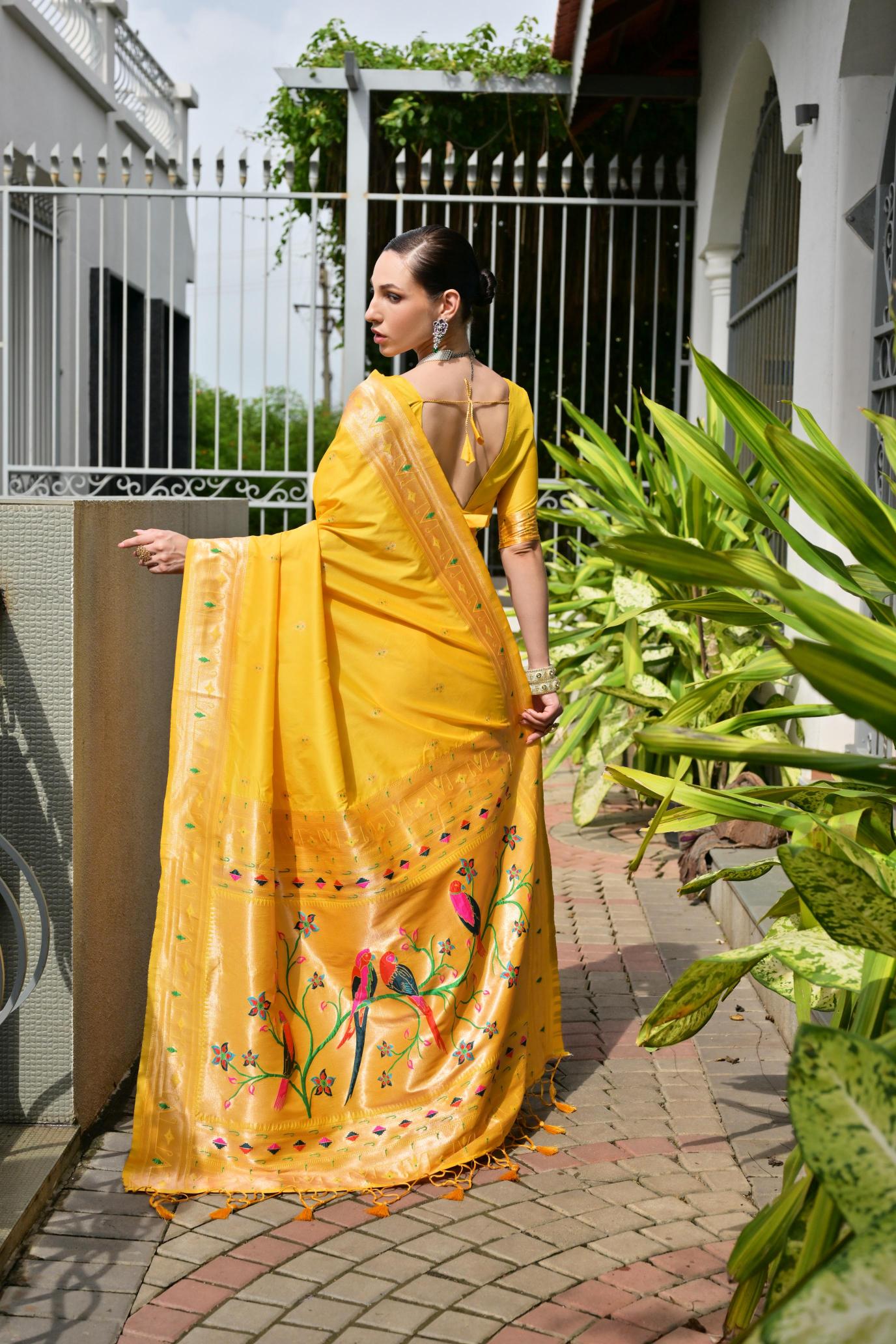 Yellow Zari Woven Meenakari Designer Banarasi Silk Saree — alternate view