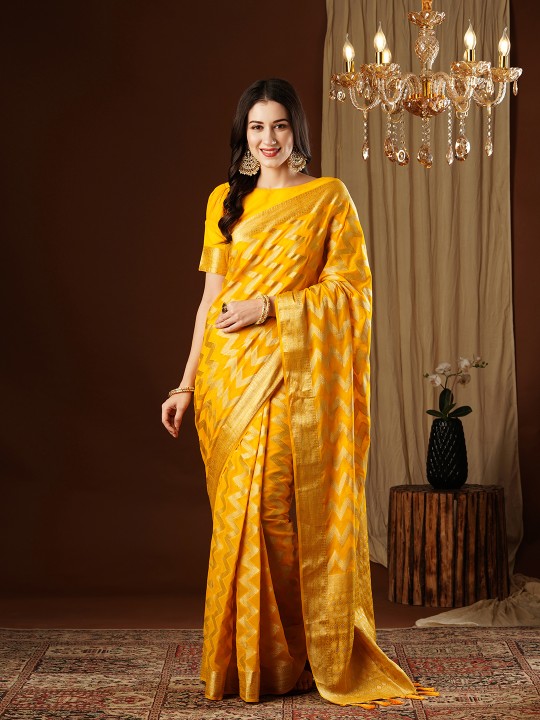Yellow Zigzag Zari Woven Georgette Saree