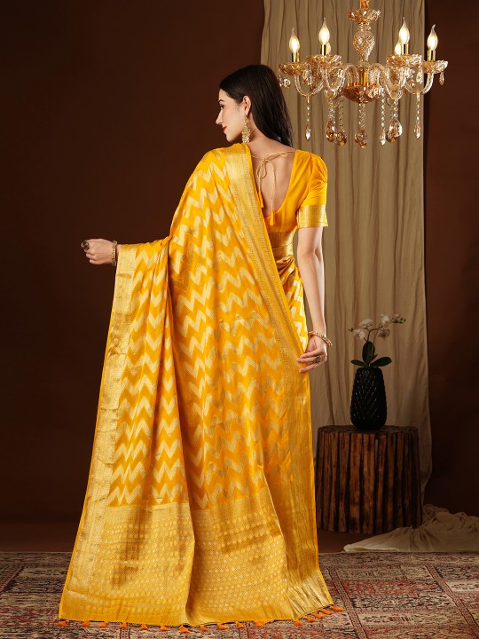 Yellow Zigzag Zari Woven Georgette Saree — alternate view