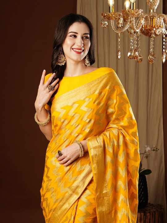 Yellow Zigzag Zari Woven Georgette Saree